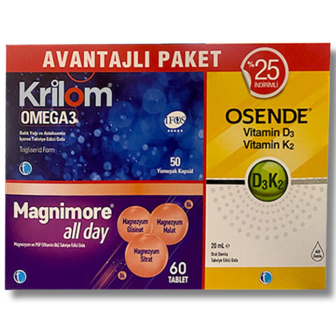 Krilom Omega3 + Magnimore + Osende Vitamin D3K2 Avantajlı Paket