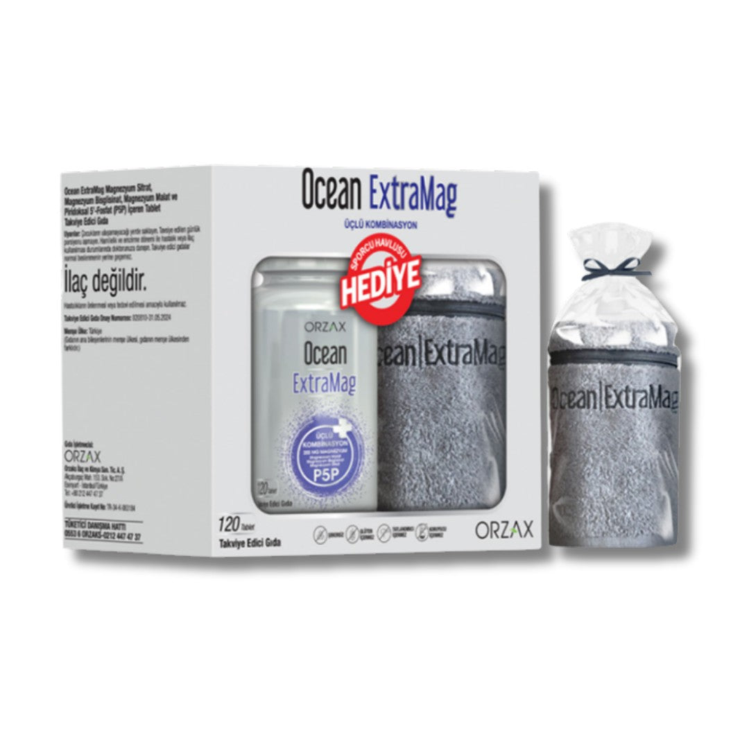 Orzax Ocean ExtraMag Üçlü Magnezyum Kombinasyonu 120 Tablet + Sporcu Havlusu Hediyeli